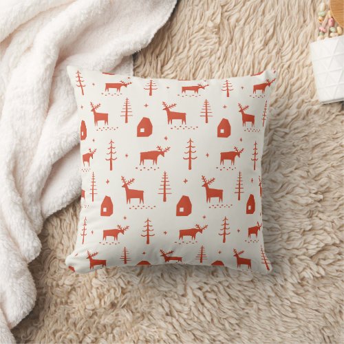 Christmas reindeer Red woodland animal pattern Throw Pillow