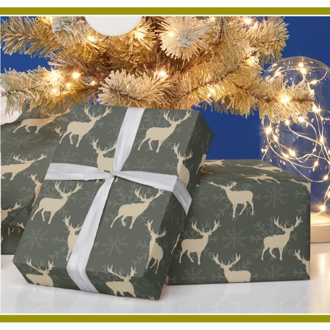 Christmas Reindeer Reign with Green and Gold  Wrapping Paper (Creator Uploaded)