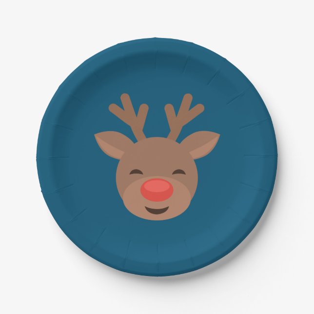 Christmas Reindeer Rudolf on Blue Paper Plates (Front)