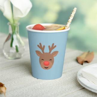 Christmas Reindeer Rudolf on Light Blue Paper Cups