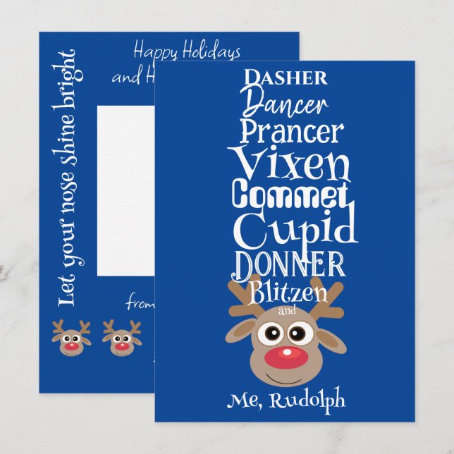 Christmas Reindeer Rudolph Fun Cute Blue Holiday Card (Front/Back)