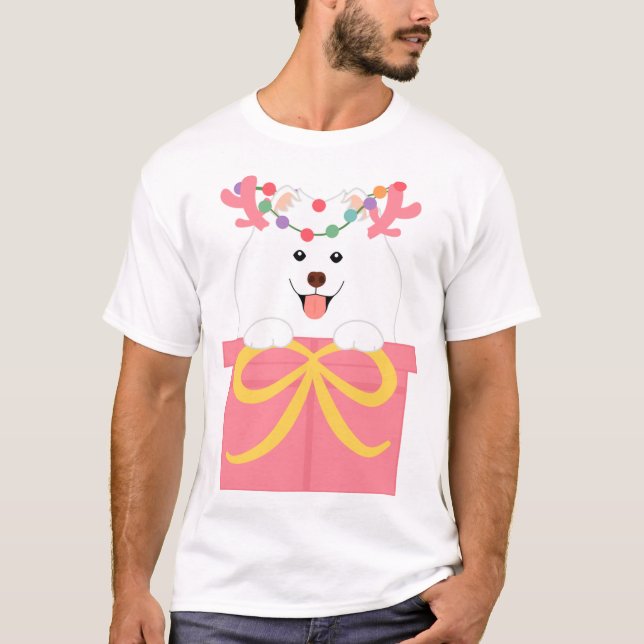 Christmas Reindeer Samoyed in a Gift Box T-Shirt (Front)