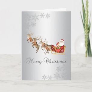 Christmas Reindeer Santa Claus Sleigh Silver Holiday Card
