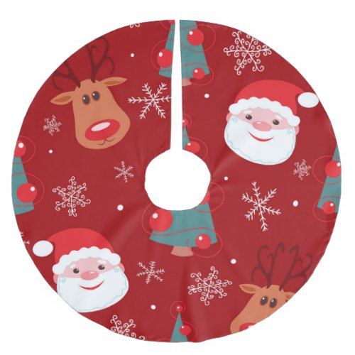 Christmas reindeer santa seamless red brushed polyester tree skirt