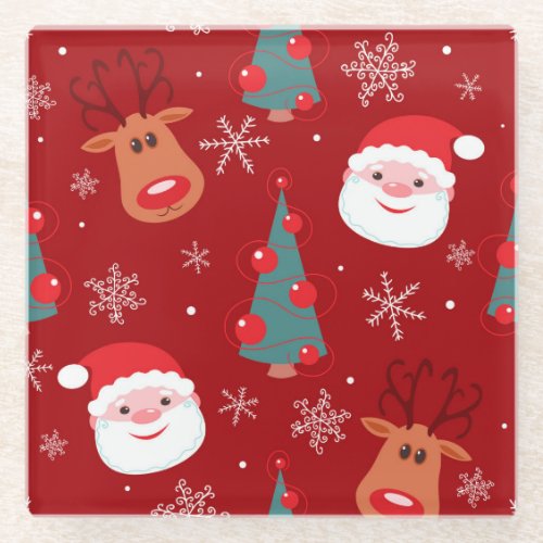 Christmas reindeer santa seamless red glass coaster
