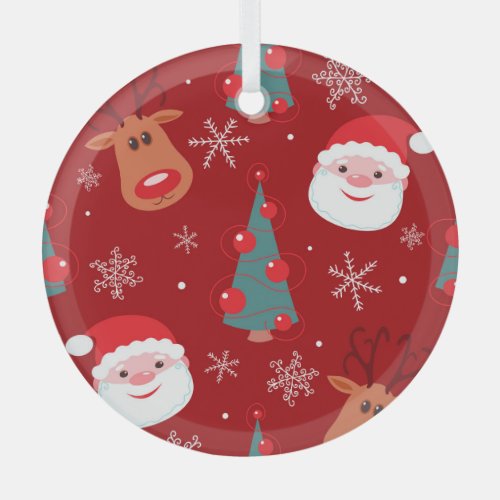 Christmas reindeer santa seamless red glass ornament