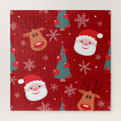 Christmas reindeer santa seamless red jigsaw puzzle