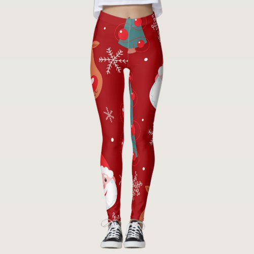 Christmas reindeer santa seamless red leggings