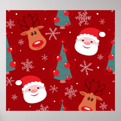 Christmas reindeer santa seamless red poster