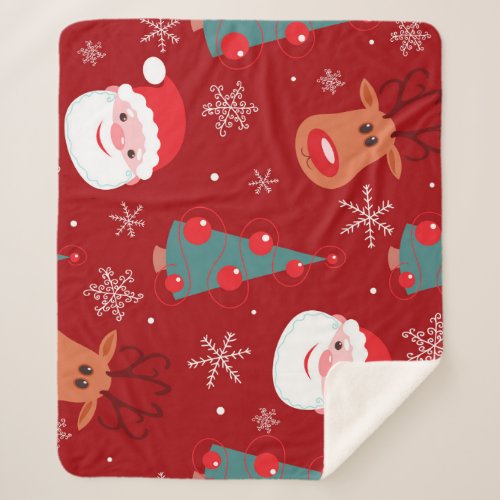Christmas reindeer santa seamless red sherpa blanket