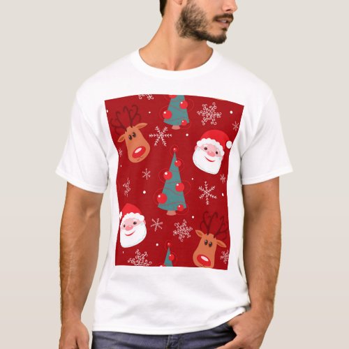 Christmas reindeer santa seamless red T_Shirt