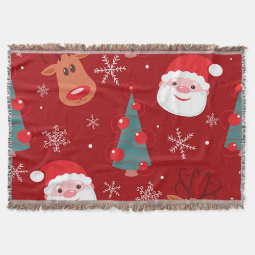 Christmas reindeer santa seamless red throw blanket