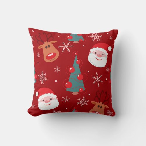 Christmas reindeer santa seamless red throw pillow