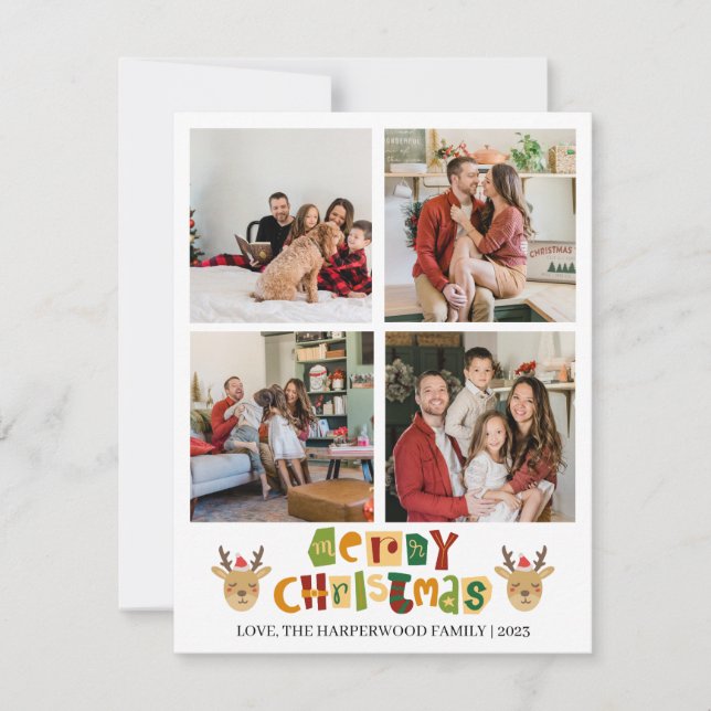 Christmas Reindeer Script Family Photo Collage Holiday Card (Front)