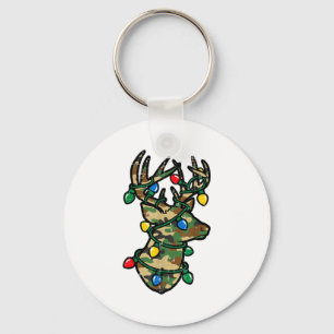 Christmas Reindeer Silhouette Camo Xmas Lights Men Keychain