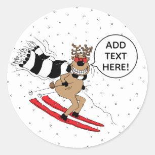 Christmas Reindeer Skiing Classic Round Sticker