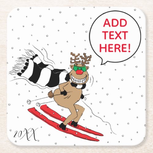 Christmas Reindeer Skiing Square Paper Coaster