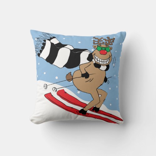 Christmas Reindeer Skiing Throw Pillow