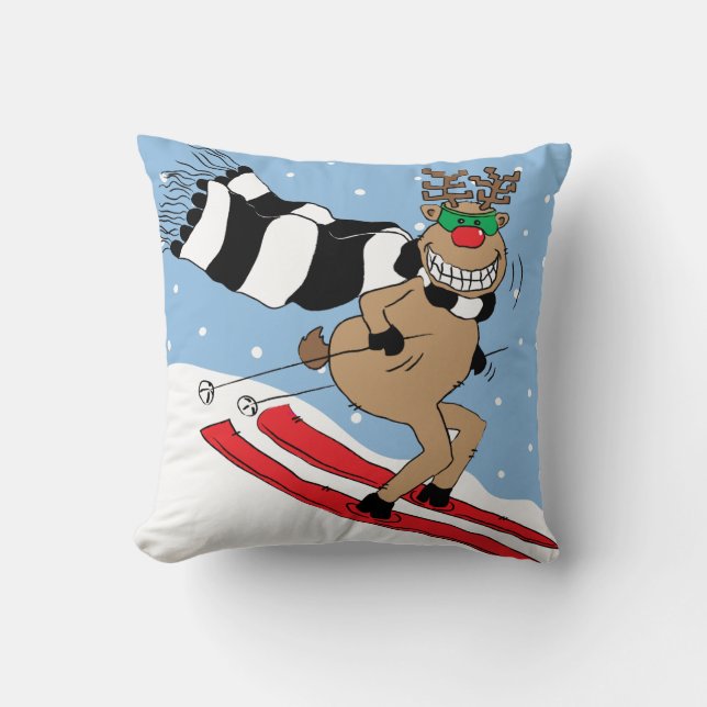 Christmas Reindeer Skiing Throw Pillow (Front)