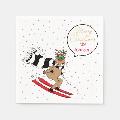 Christmas Reindeer Snow Skiing Napkins