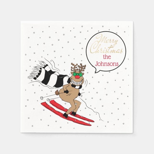 Christmas Reindeer Snow Skiing Napkins (Front)