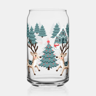 Christmas reindeer & snowman among tree can glass