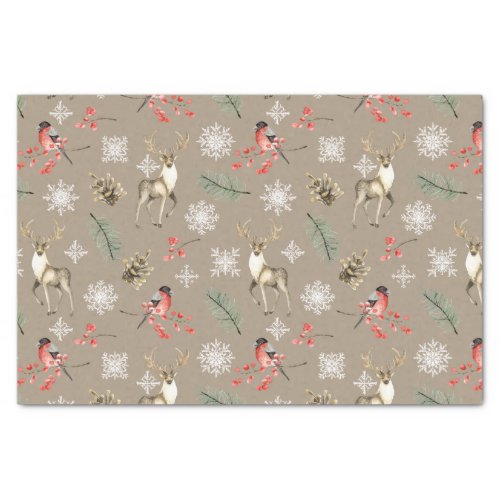 Christmas Reindeer Stag and Bird Woodland Pattern Tissue Paper