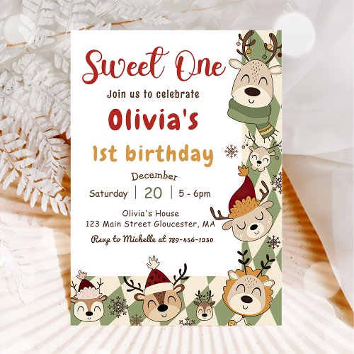  Christmas Reindeer Sweet One 1st Birthday Party  Invitation