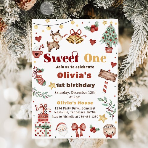 Christmas Reindeer Sweet One 1st Birthday Party  Invitation