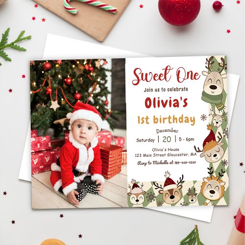  Christmas Reindeer Sweet One 1st Birthday Photo Invitation
