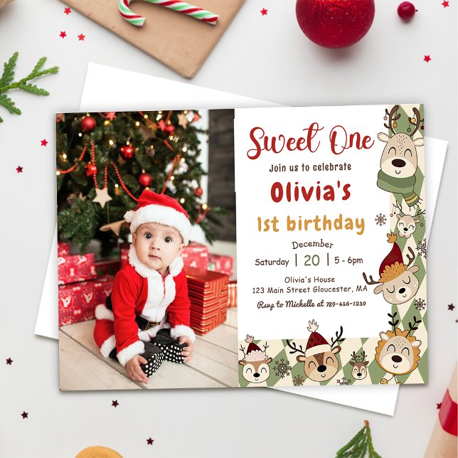  Christmas Reindeer Sweet One 1st Birthday Photo Invitation (Creator Uploaded)