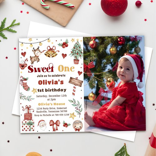 Christmas Reindeer Sweet One 1st Birthday Photo Invitation