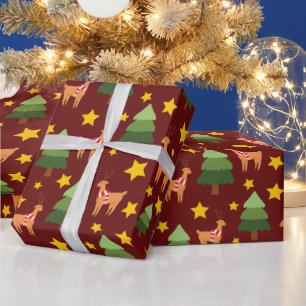 Christmas Reindeer, Tree & Stars Burgundy Seamless Wrapping Paper
