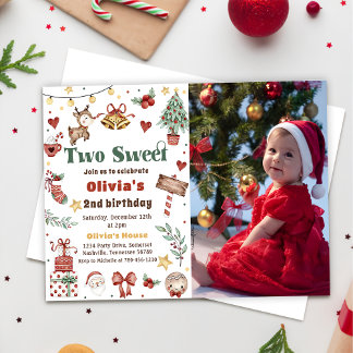 Christmas Reindeer Two Sweet 2nd Birthday Photo Invitation