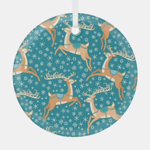 Christmas Reindeer Vintage Seamless Pattern Glass Ornament