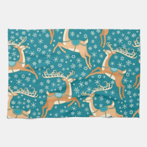Christmas Reindeer Vintage Seamless Pattern Kitchen Towel
