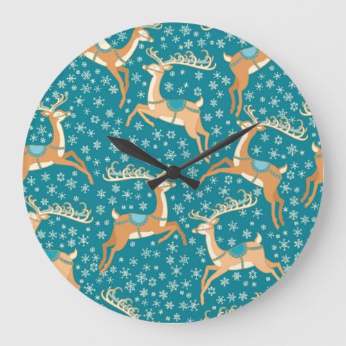 Christmas Reindeer Vintage Seamless Pattern Large Clock