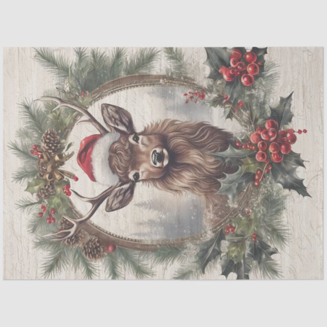 Christmas Reindeer Vintage Wreath Pine Decoupage Tissue Paper (Front)