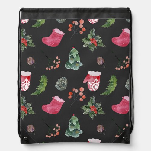 Christmas Reindeer Watercolor Seamless Pattern Drawstring Bag
