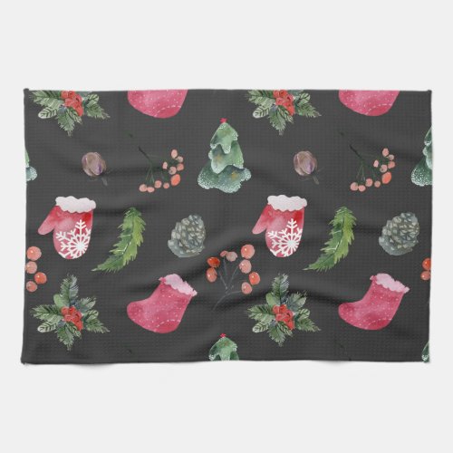 Christmas Reindeer Watercolor Seamless Pattern Kitchen Towel