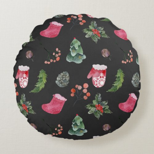 Christmas Reindeer Watercolor Seamless Pattern Round Pillow