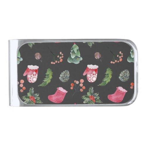 Christmas Reindeer Watercolor Seamless Pattern Silver Finish Money Clip