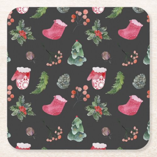 Christmas Reindeer Watercolor Seamless Pattern Square Paper Coaster