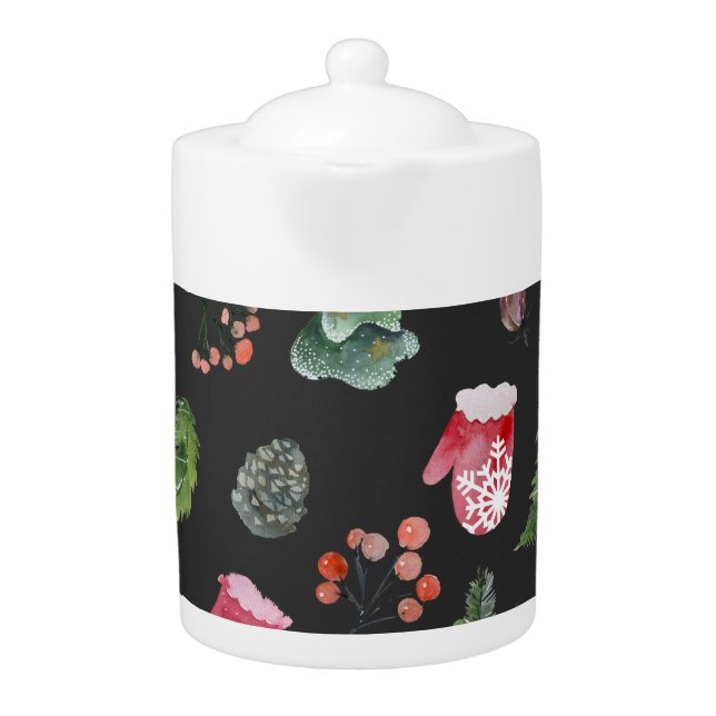 Christmas Reindeer: Watercolor Seamless Pattern Teapot (Front)