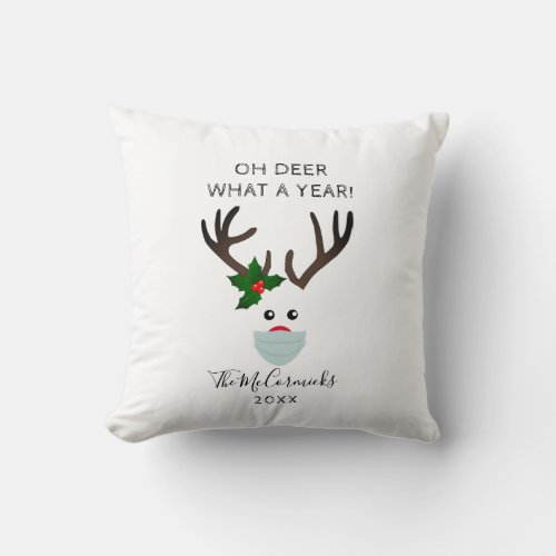 Christmas Reindeer Wearing Face Mask Family Name Throw Pillow