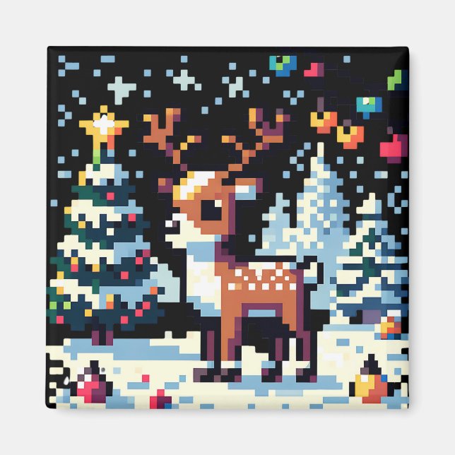 Christmas Reindeer Winter Wonderland Pixel Art Magnet (Front)