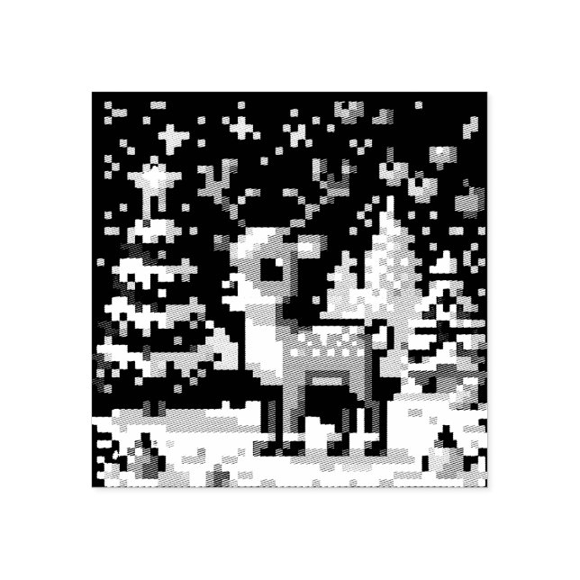 Christmas Reindeer Winter Wonderland Pixel Art Rubber Stamp (Imprint)