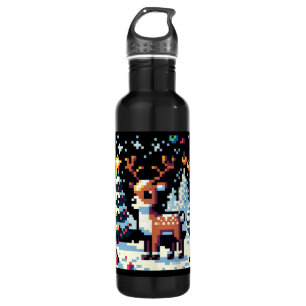 Christmas Reindeer Winter Wonderland Pixel Art Stainless Steel Water Bottle