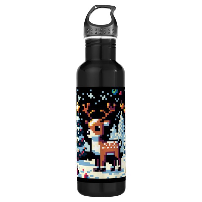 Christmas Reindeer Winter Wonderland Pixel Art Stainless Steel Water Bottle (Front)