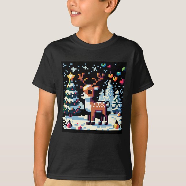 Christmas Reindeer Winter Wonderland Pixel Art T-Shirt (Front)